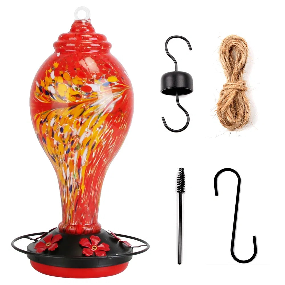 Glass Hummingbird Feeder 33OZ Hand Blown Hummingbird Feeder With 5 Flower Feeding Port Perch Ant Moat Hanging Hook S Hook Hemp Rope Cleaning Brush For Garden Backyard Decor