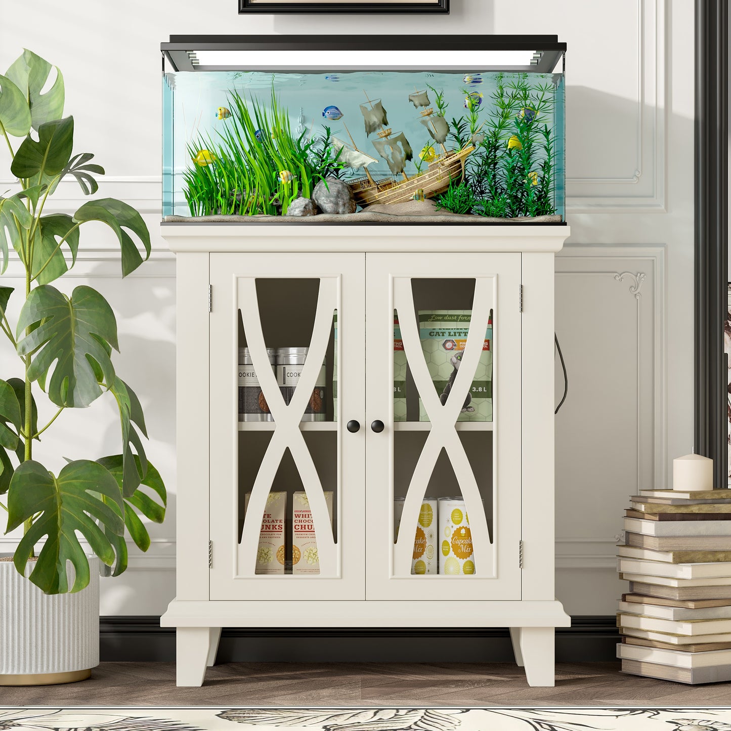 20-gallon Aquarium Rack With 4 AC Outlets And 2 USB Ports, Farmhouse-style Decorative Aquarium Rack Furniture With Adjustable Shelves 10-20 Gallon Reptile And Turtle Rack With Storage Cabinet, Beige.