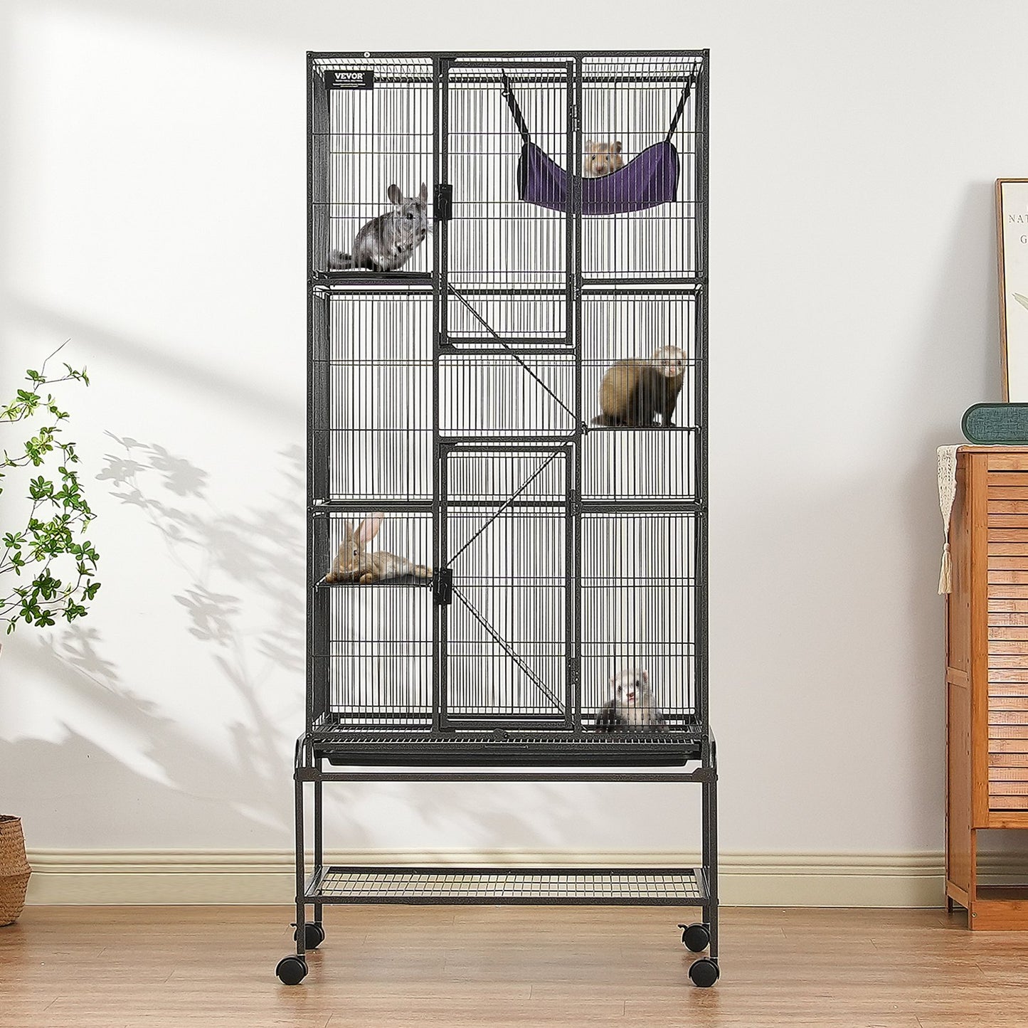 69' Metal Small Animal Cage 4-Tier Rolling Ferret Cage With Tray 3 Ramps