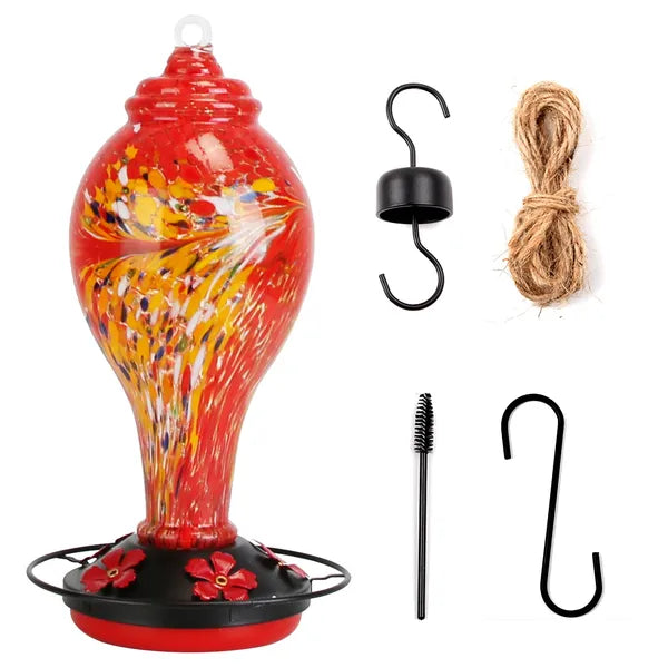 Glass Hummingbird Feeder 33OZ Hand Blown Hummingbird Feeder With 5 Flower Feeding Port Perch Ant Moat Hanging Hook S Hook Hemp Rope Cleaning Brush For Garden Backyard Decor