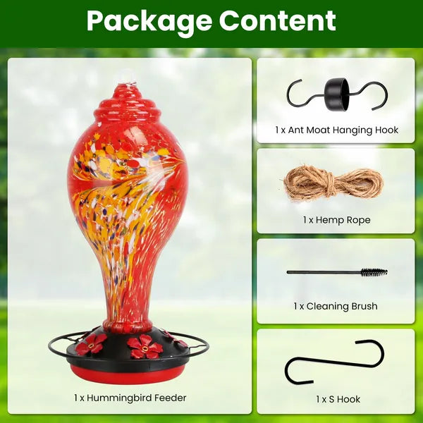 Glass Hummingbird Feeder 33OZ Hand Blown Hummingbird Feeder With 5 Flower Feeding Port Perch Ant Moat Hanging Hook S Hook Hemp Rope Cleaning Brush For Garden Backyard Decor