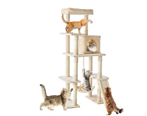 63-inch Cat Tree Tower, Large Multi-story Cat Climbing Tower, Natural Sisal Grabber Posts, Extended Platform, Hammock