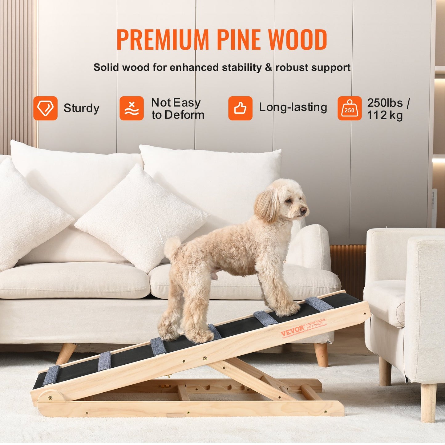 Dog Ramp, Folding Pet Ramp For Bed, Adjustable Dog Ramp For Small, Large, Old Dogs & Cats, Wooden Pet Ramp With 41.3' Long Ramp, Adjustable From 13.77' To 25.59', Suitable For Couch, Sofa, Car